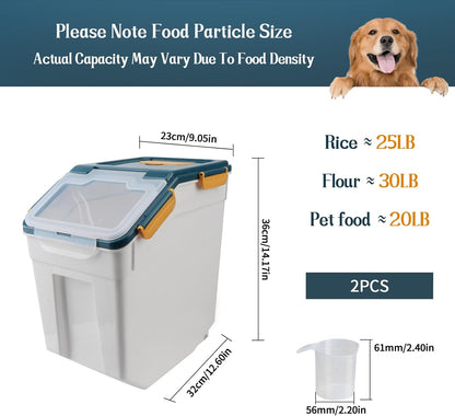 Large Flour Storage Container Bin 25lb, 2Pack Airtight Rice Storage Containers with Wheels Seal Locking Lid, BPA Free with Measuring Cup&Scoop for Flour, Rice, Grain(Green)