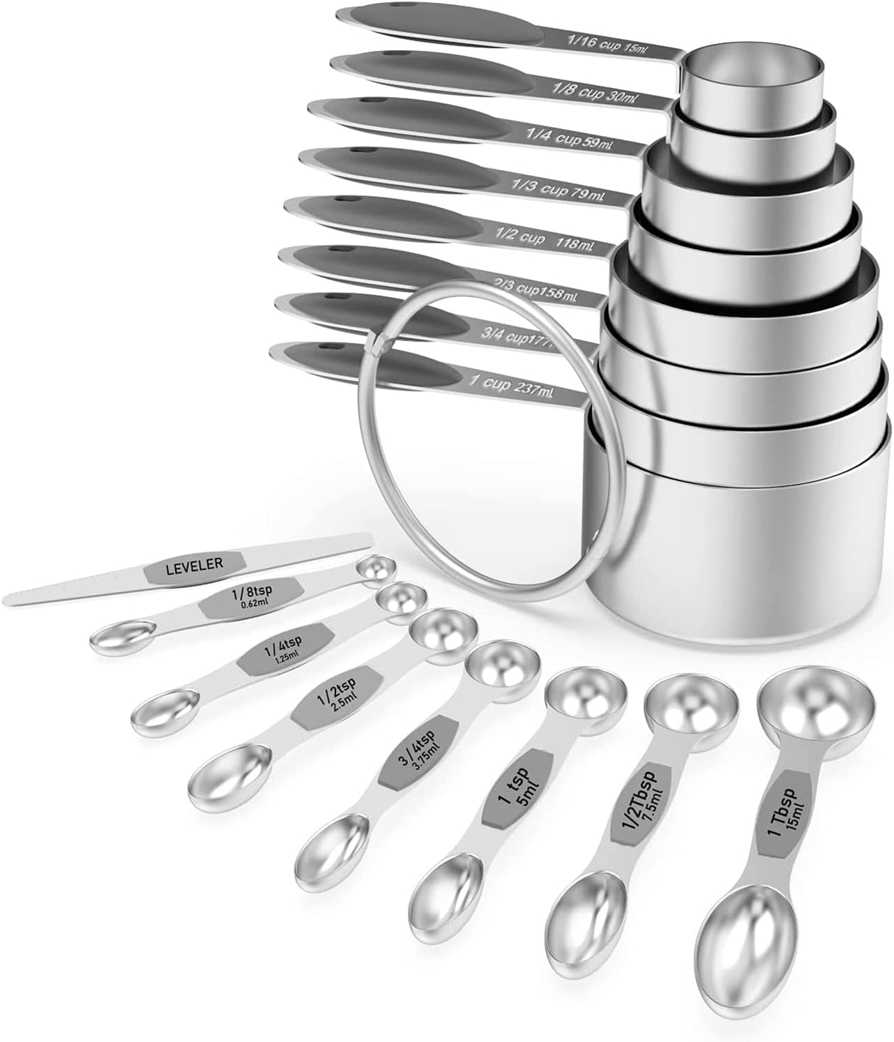 Wildone Measuring Cups and Magnetic Measuring Spoons Set, 16Pcs | 8 Stainless Measuring Cups, 7 Double-sided Magnetic Measuring Spoons & leveler for Spice Jar and Liquid Measuring, Multicolor