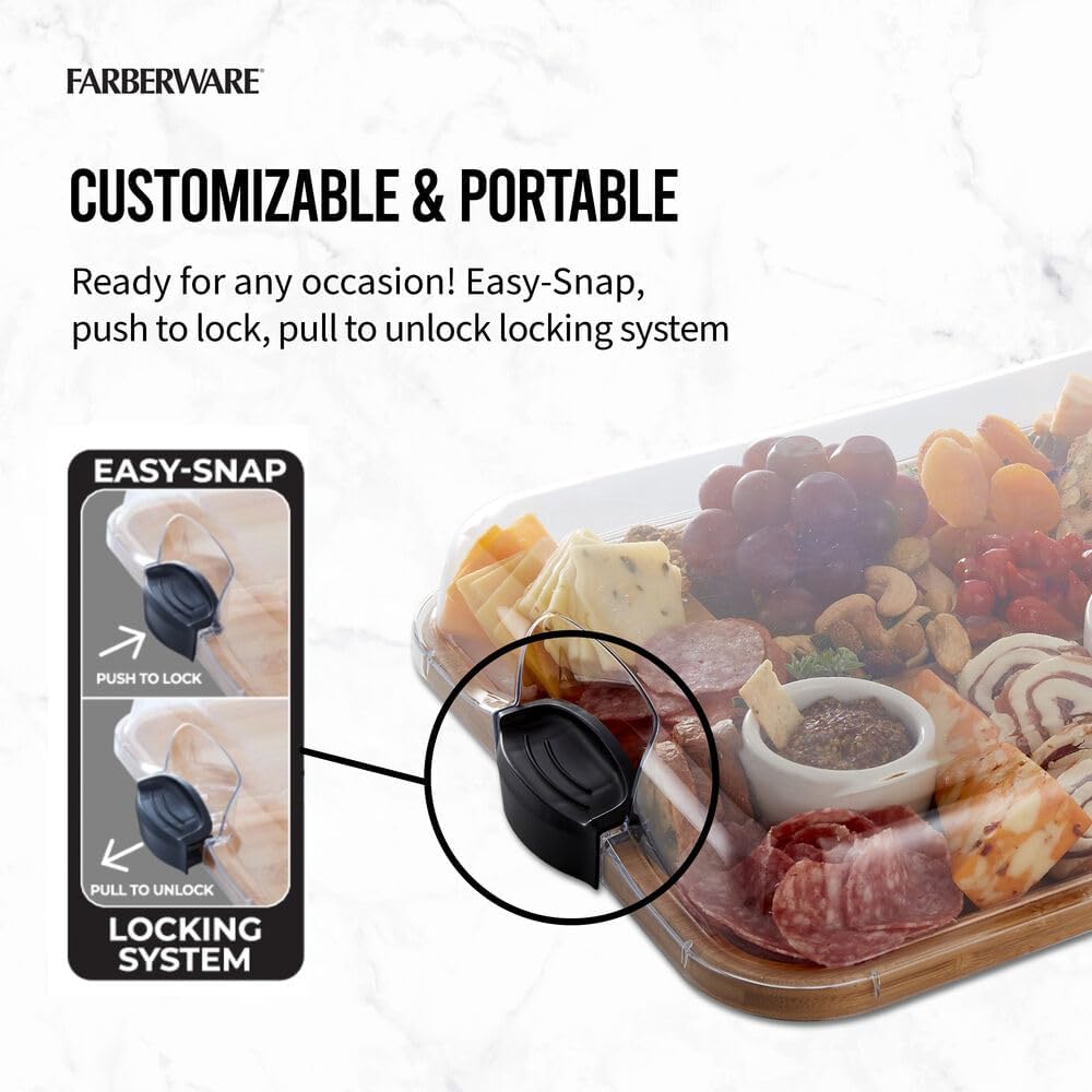 Farberware Build-A-Board Bamboo Cutting Board with Built-In Compartments & Clear Locking Lid, Black Handles, Charcuterie, Snack Tray, Food Prep and Serving Platter