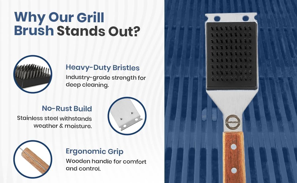 Strong BBQ Grill Brush and Scraper – Heavy-Duty Grill Cleaner with Long Wooden Handle & Replaceable Stainless Steel Bristles – Fast Deep Cleaning, Safe for All Grills – No-Scratch Outdoor Grill Brush