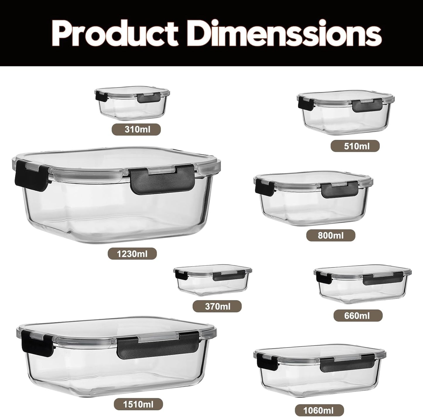 Wells Glass Meal Prep Containers, 8 Pack Glass Food Storage Containers Set with Airtight Locking Lids for Lunch, Fridge, Freezer, Dishwasher Safe, BPA-Free, Clear