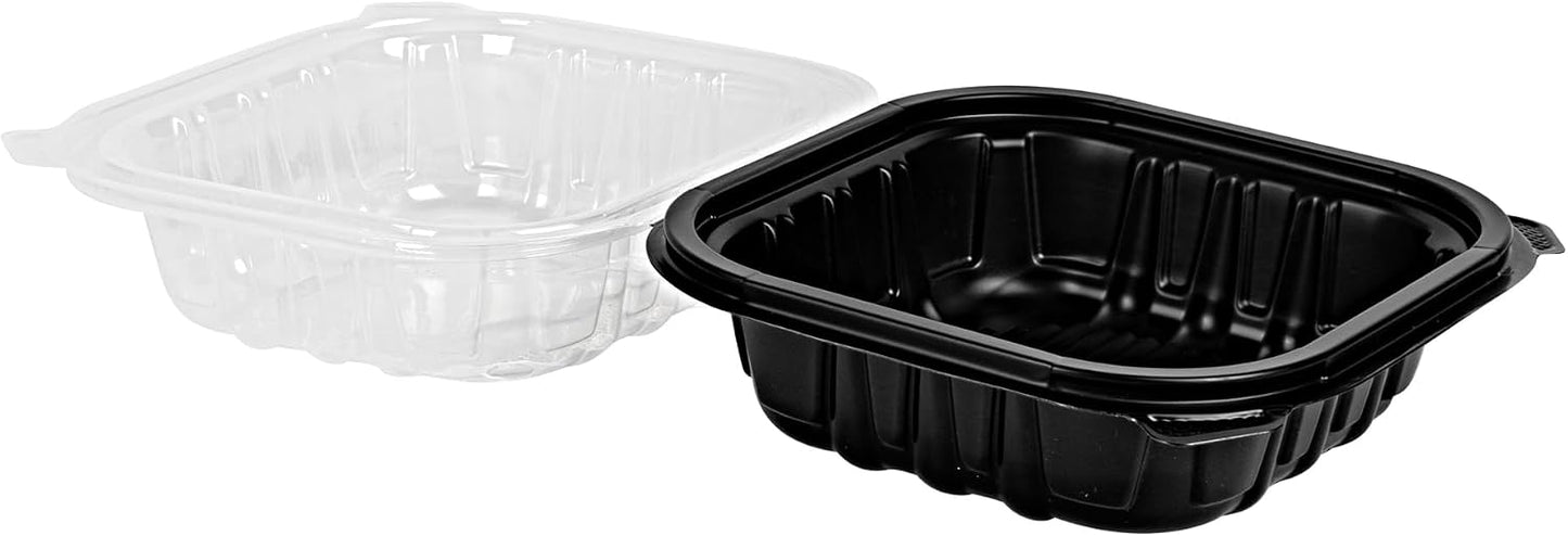 Thermo Tek 40 Ounce Clamshell Containers, 50 Disposable Take Out Boxes - 3 Compartments, Ventilated Lids, Black Plastic Meal Prep Containers, Microwavable, For Pasta Or Salads - Restaurantware