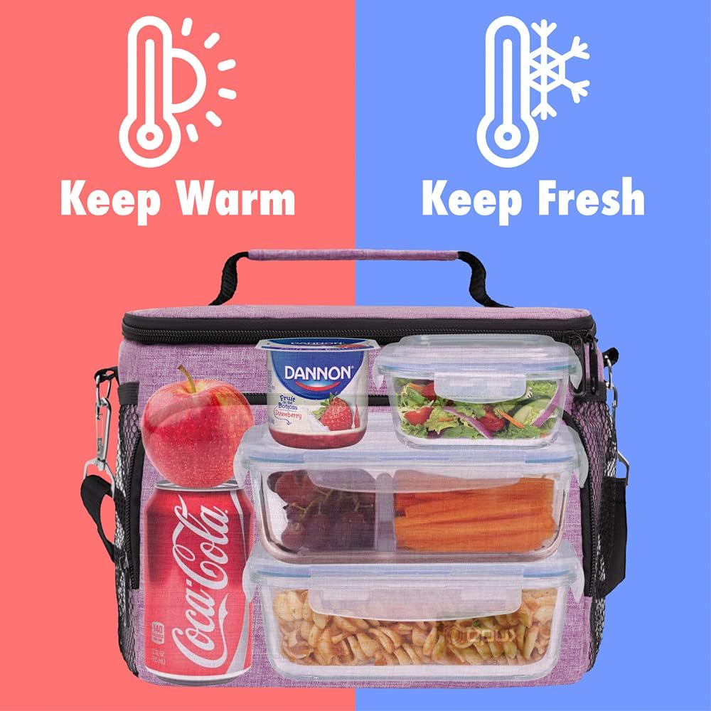 opux Insulated Lunch Bag for Men Women, Large Dual Compartment Cooler Bag, Soft Two Deck Lunch Box for Work School Picnic, Leakproof Lunch Tote with Shoulder Strap for Kid Adult (Purple, Double Deck)