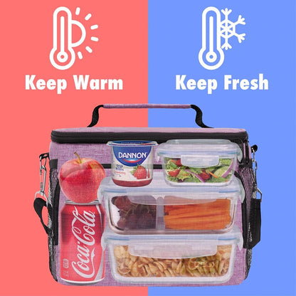 opux Insulated Lunch Bag for Men Women, Large Dual Compartment Cooler Bag, Soft Two Deck Lunch Box for Work School Picnic, Leakproof Lunch Tote with Shoulder Strap for Kid Adult (Purple, Double Deck)