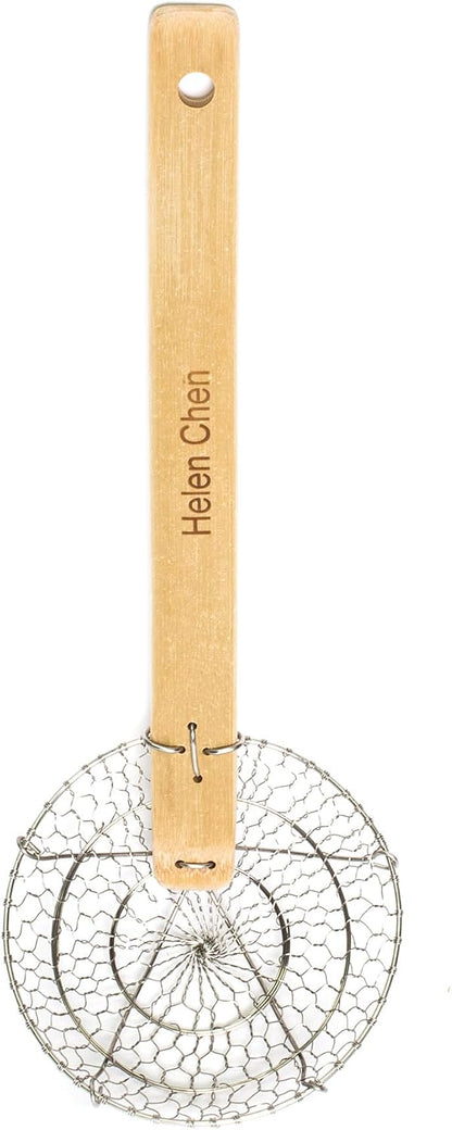 Helen's Asian Kitchen Deep Spider Strainer, 6-Inch Stainless Steel Mesh Basket With Bamboo Handle, For Noodles, Dumplings, Wontons, Deep Frying, And Draining Tasks