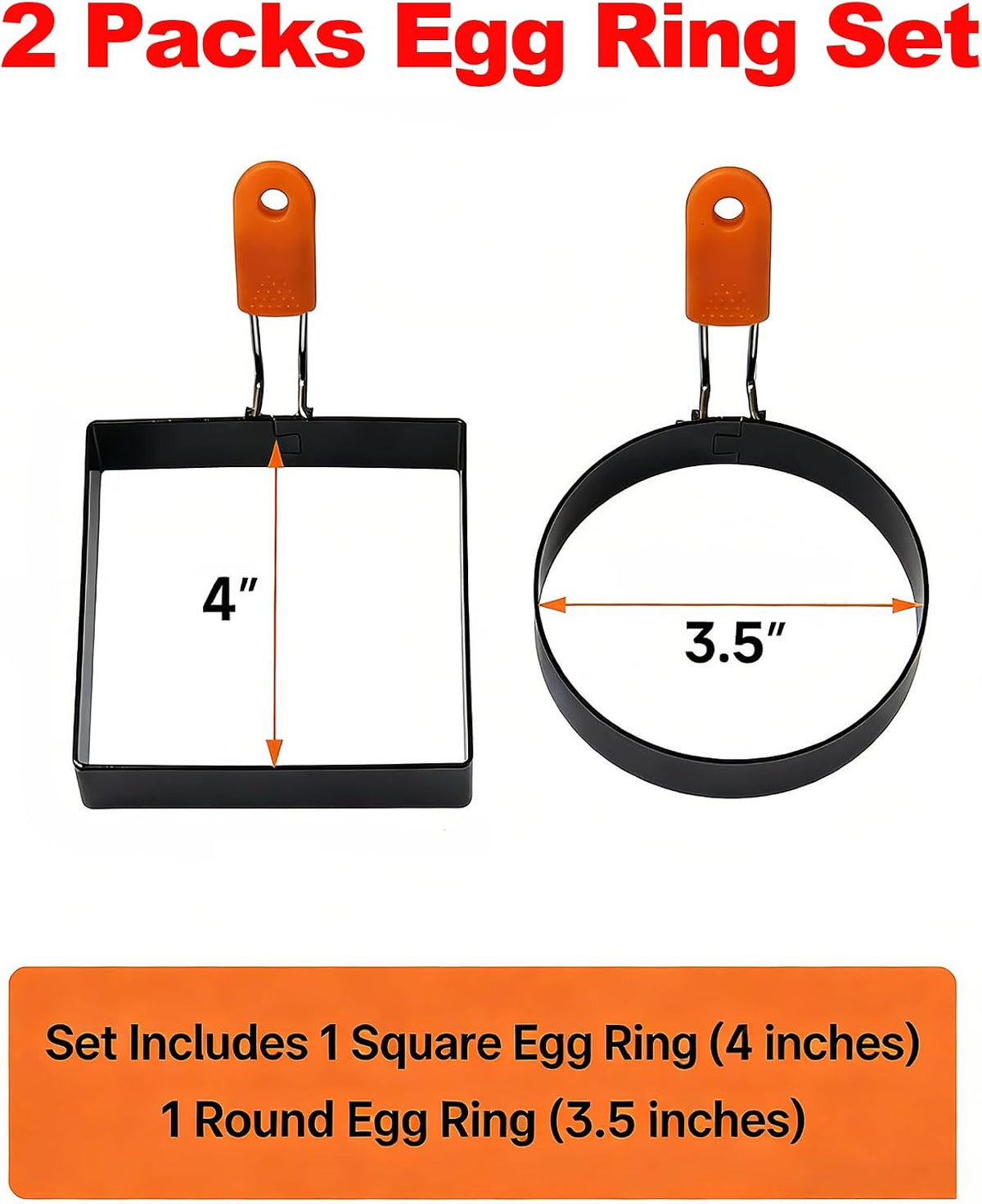 Hhyn Round & Square Egg Rings Set with Orange Silicone Handle