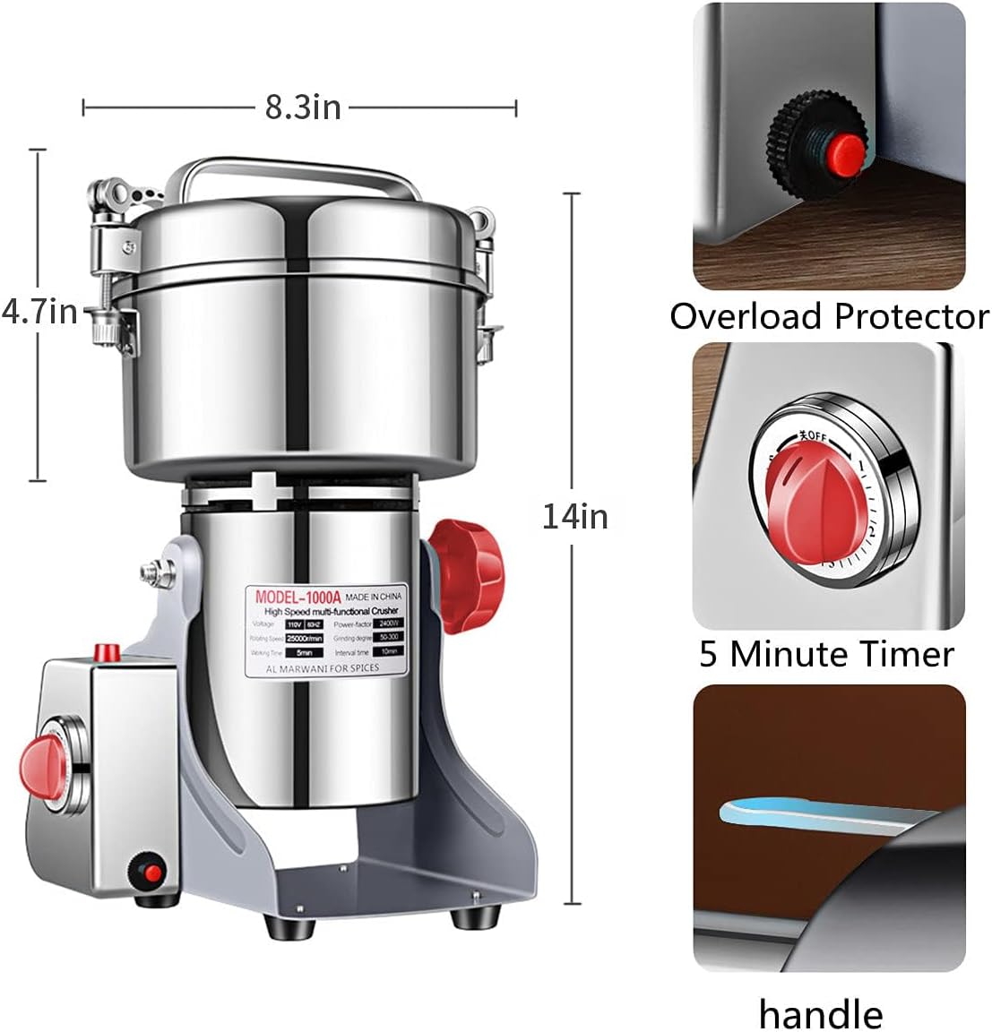 LEJIEYIN Electric herb Grinder 550g High Speed Electric Stainless Steel Spice Flour Mill Herb Grinder Powder Machine for Dry Food Grin