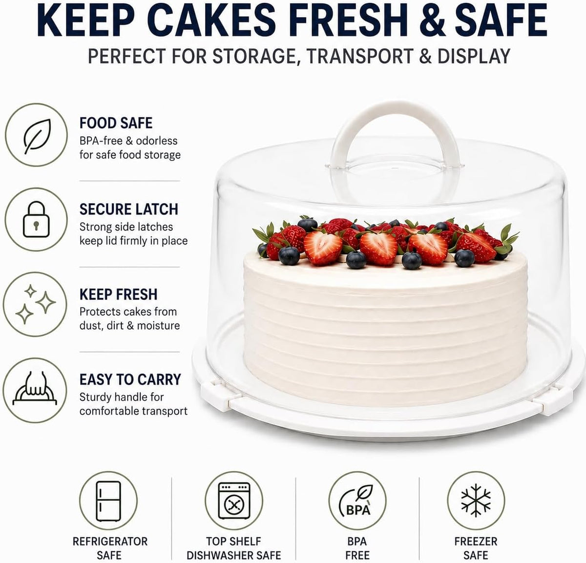 3-Pack Cake Carriers with Lids - 12 × 12 × 4.75 Inch Plastic Cake Containers - Lightweight BPA-Free Plastic Freezer Safe Reusable Storage with Handles Holds 10-Inch Cakes Stackable Easy Transport