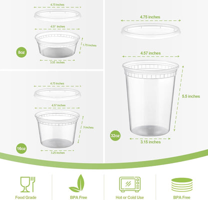 AOZITA 24 Sets Plastic Deli Food Containers With Lids, 8 oz 16oz 32oz Variety pack, Airtight Food Storage Containers, Freezer/Dishwasher/Microwave Safe, Soup Containers For Takeout Food Storage