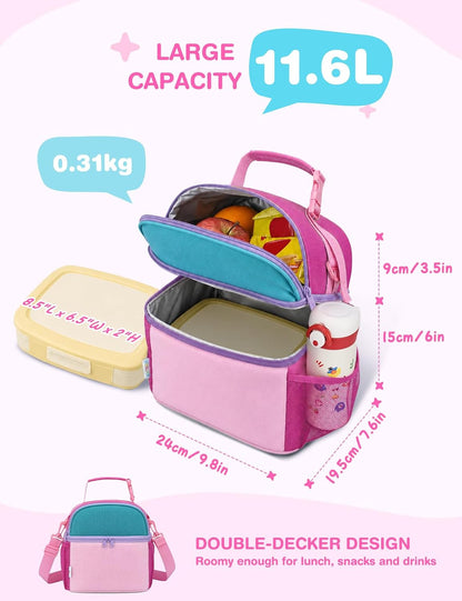 VASCHY Lunch Box Bag for Kids, Insulated Double Compartments Cooler Lunch Tote for Toddlers Boys Girls School/Daycare/Picnic Black Dinos