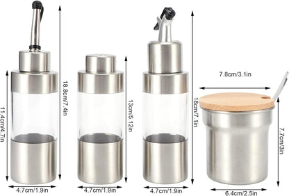 Cruet Set, Wood Condiment Spice Pepper Jar Box 5PCS Stainless Steel Plastic Oil Vinegar Salt Pepper Condiment Dispensers Set with Spoon (square wooden frame)