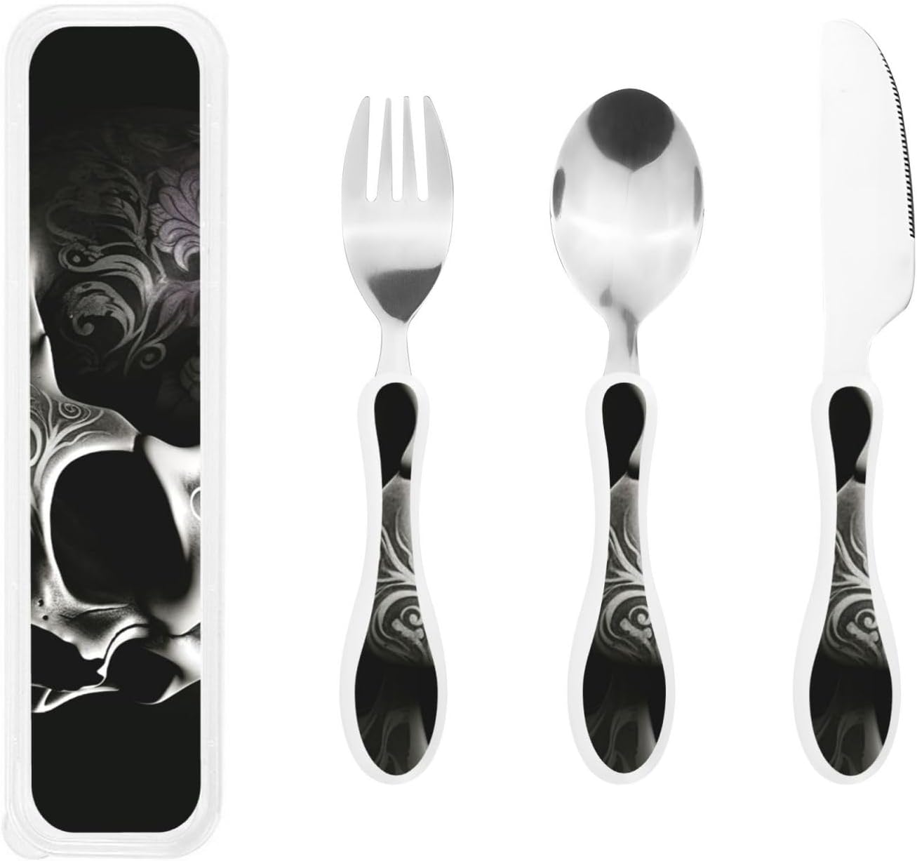 3-Piece Kids Silverware Set With Storage Case, Stainless Steel Reusable Children Safe Knife Spoon Fork Set Black And White Grid Children Flatware Set For Kids Lunch Box
