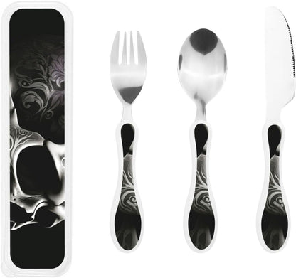 3-Piece Kids Silverware Set With Storage Case, Stainless Steel Reusable Children Safe Knife Spoon Fork Set Black And White Grid Children Flatware Set For Kids Lunch Box