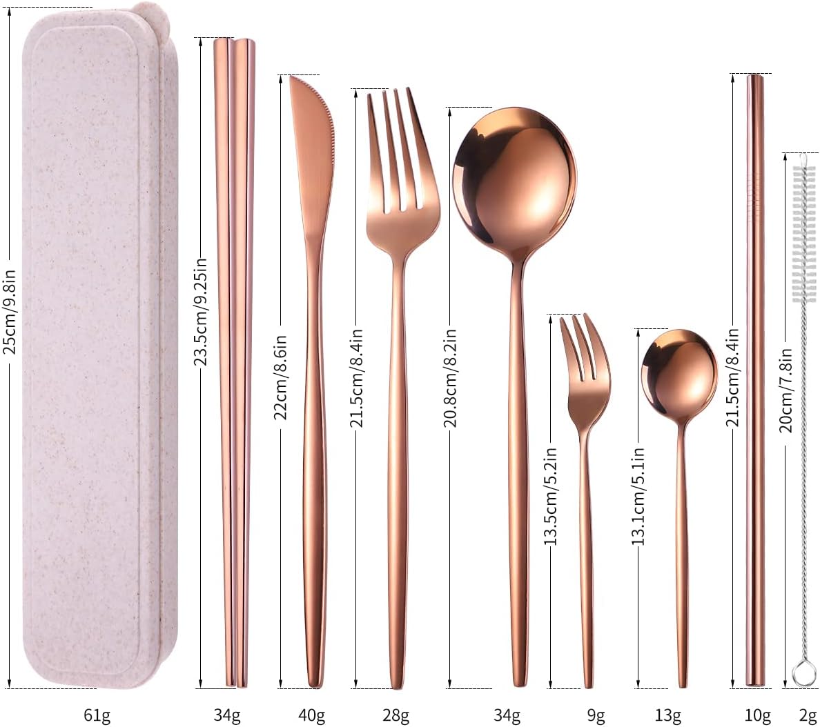 AARAINBOW 8 Pieces Stainless Steel Flatware Set Portable Reusable Cutlery Set Travel Utensils Set Including Chopsticks Knife Fork Spoon Straws Cleaning Brush Dishwasher Safe (Pink Golden)