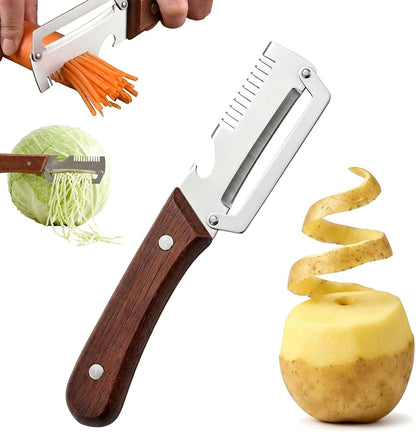 3 in 1 Multifunctional Vegetable Peeler with Julienne & Bottle Opener, German High-Carbon Stainless Steel Blade, Ergonomic Non-Slip Wooden Handle, Handheld Peeler Slicer for Fruits & Vegetables(1PCS)