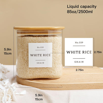 Large glass flour and sugar containers with 132 Kitchen Pantry Labels - 110 oz Glass Food Storage Containers with Airtight Lids - Square Glass Jars with Bamboo Lids for Rice, Pasta, Cookies, grain
