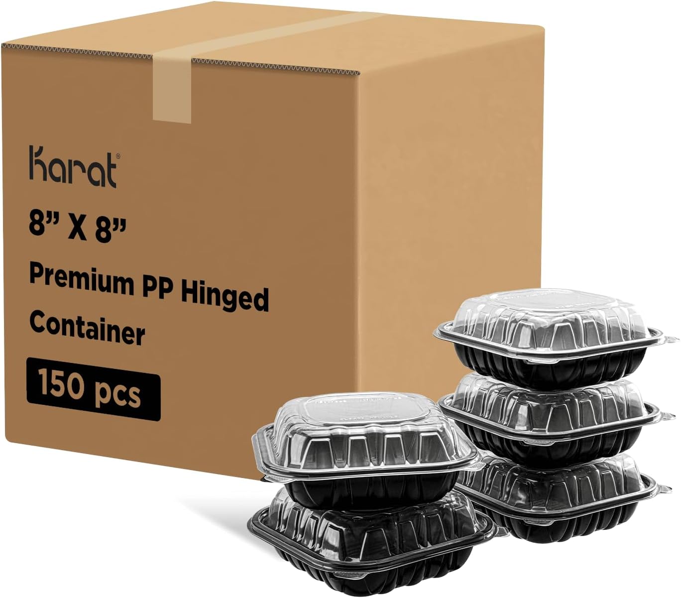 Karat Premium PP Hinged Container [150 ct], Take Out Food Containers - Case (9"x9", 3 compartments)