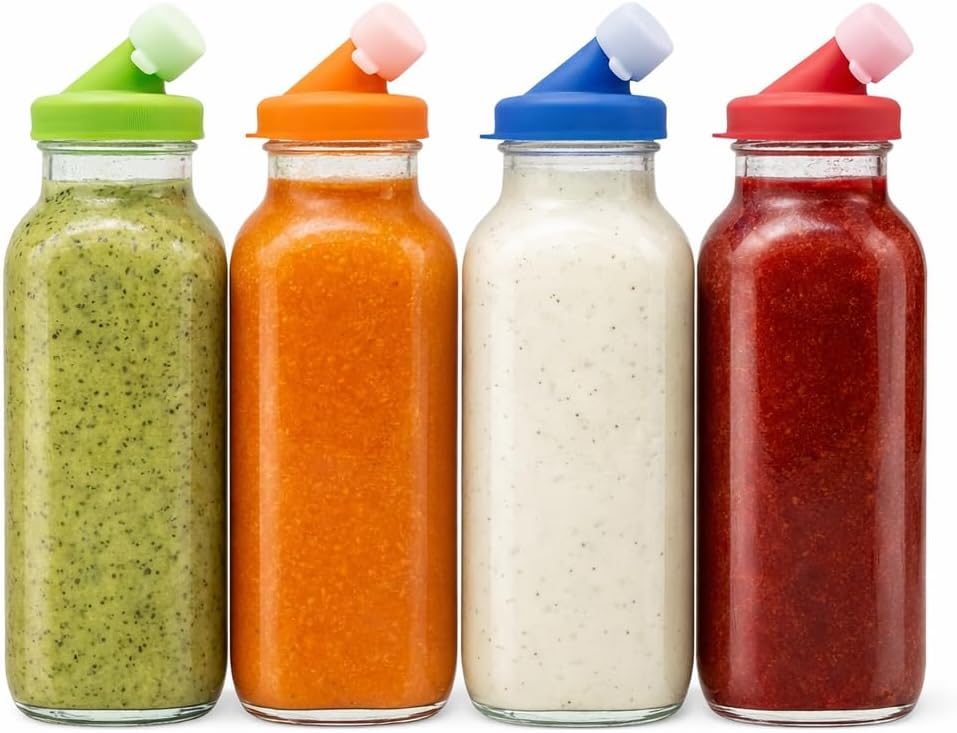 kitchentoolz Salad Dressing Container Glass Bottles – 16oz Glass Salad Dressing Shaker Bottle 4-Pack with Non-Metal Silicone Lids for Dressings, Marinades, Sauce