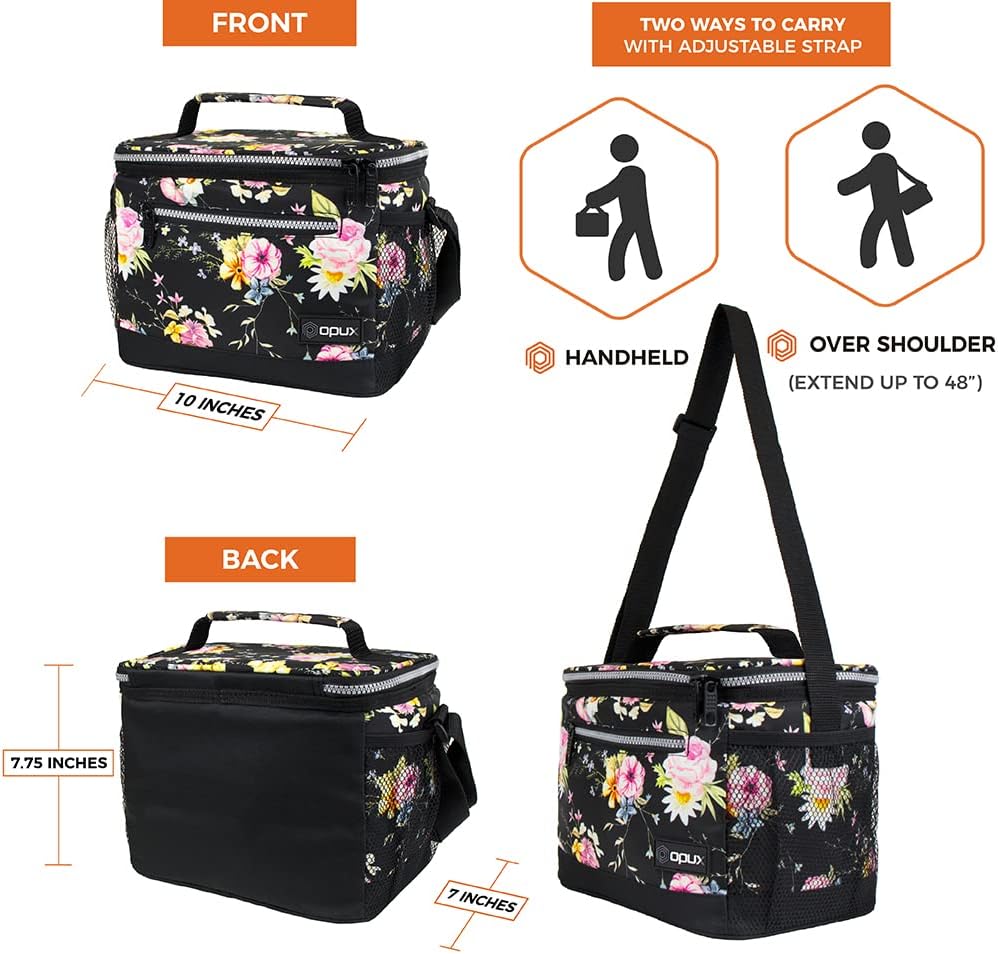 opux Insulated Lunch Box Men Women, Lunch Bag for Work School, Leakproof Soft Cooler Tote Adult, Large Lunch Pail Kids Boys Girls, Picnic Beach Food Bag with Shoulder Strap, Purple Floral