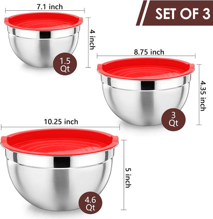 P&P CHEF Black Mixing Bowls with Lids, Set of 3, Stainless Steel Salad Nesting Bowl for Mixing, Storing, Prepping, Airtight & Stackable, Size 4.6/3 /1.5 QT