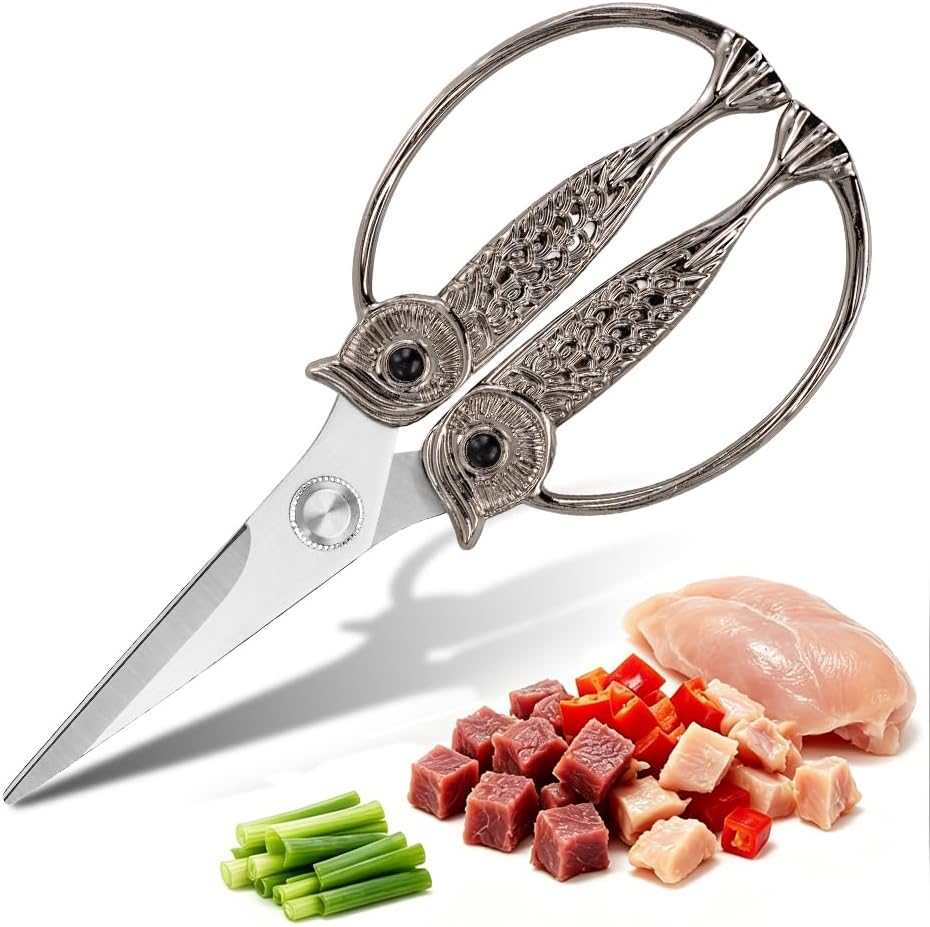 XSNBRD All Purpose Kitchen Scissors, Pearl Gold Stainless Owl Shears.