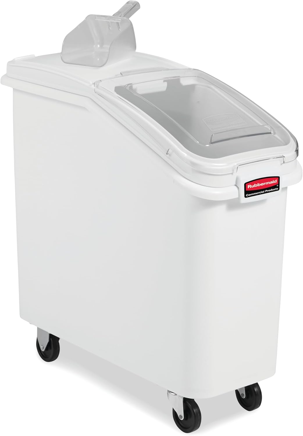 Rubbermaid Commercial Products ProSave Shelf-Storage Ingredient Bin With Scoop, 600-Cup capacity, Plastic, White, Sliding Lid, Container with Wheels for Kitchen/Restaurant Food Organization