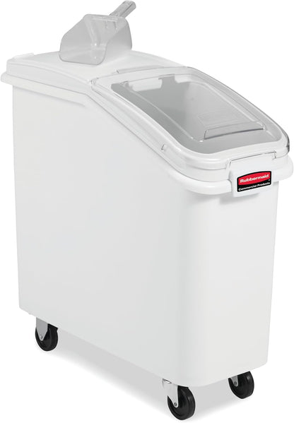 Rubbermaid Commercial Products ProSave Shelf-Storage Ingredient Bin With Scoop, 600-Cup capacity, Plastic, White, Sliding Lid, Container with Wheels for Kitchen/Restaurant Food Organization