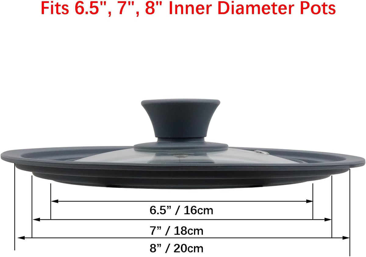 Silicon Glass Lid Fits 6.5", 7", 8" Inner Diameter Pots (Grey)