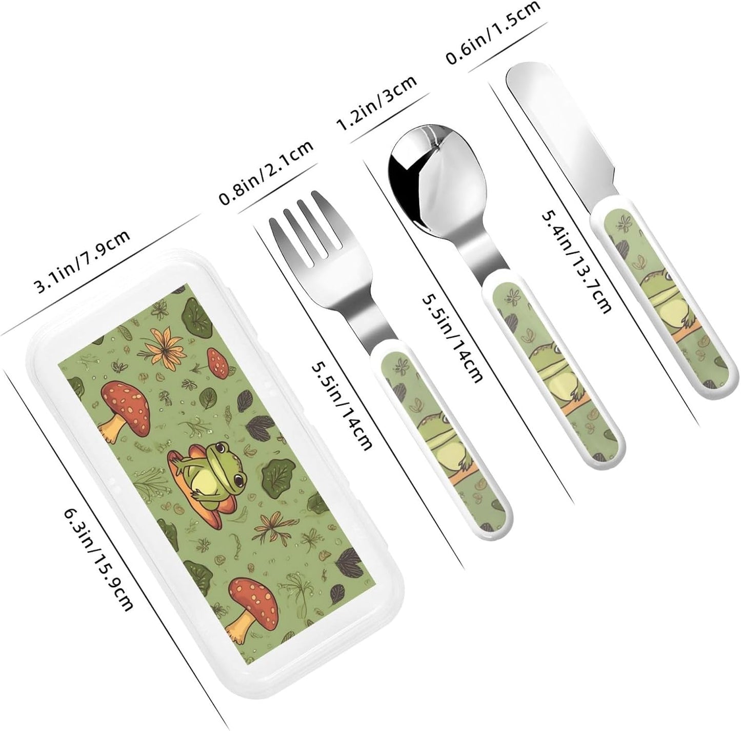 3-Piece Children Utensils Set Frogs and mushrooms Knife Spoon Fork Set Stainless Steel Silverware Set Easy-Grip Reusable Utensils Set Child Flatware Set with Case for Lunch Travel