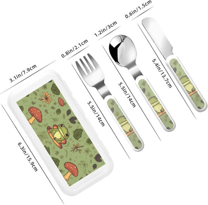 3-Piece Children Utensils Set Frogs and mushrooms Knife Spoon Fork Set Stainless Steel Silverware Set Easy-Grip Reusable Utensils Set Child Flatware Set with Case for Lunch Travel