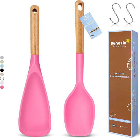 Large Silicone Cooking Spoons Set, 2 Pcs Heat Resistant Serving Spoon, Multifunction Nonstick Spatula Spoon, Kitchen Cucharras de Silicona for Mixing, Stiring, Basting, Scooping, Scraping