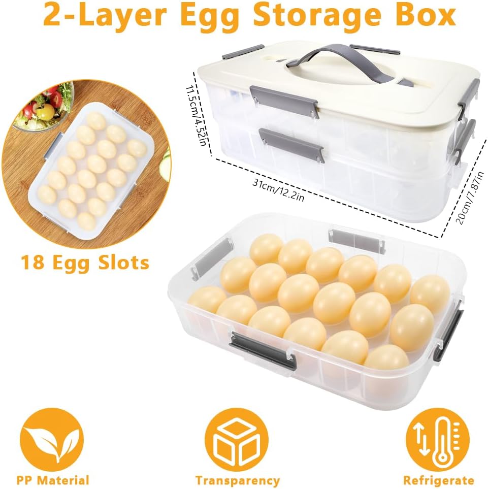 2-Layer Deviled Egg Containers With Lid, 36PCS Deviled Egg Tray Carrier with Handle and Piping Tool, Portable Stackable Egg Holder Platter Holder Organizer for Refrigerator Party Picnic Leak-Proof