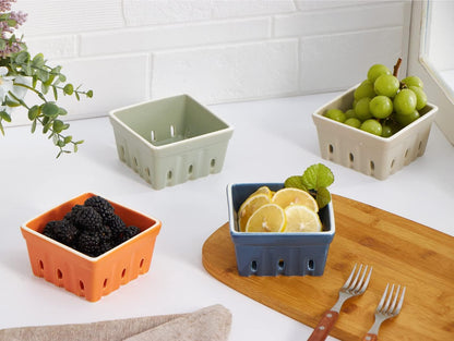 ONEMORE Ceramic Berry Basket, Square Fruit Bowls, Rustic Stoneware Berry Colander Set of 2, 5.7 inch, Gray & Light Green