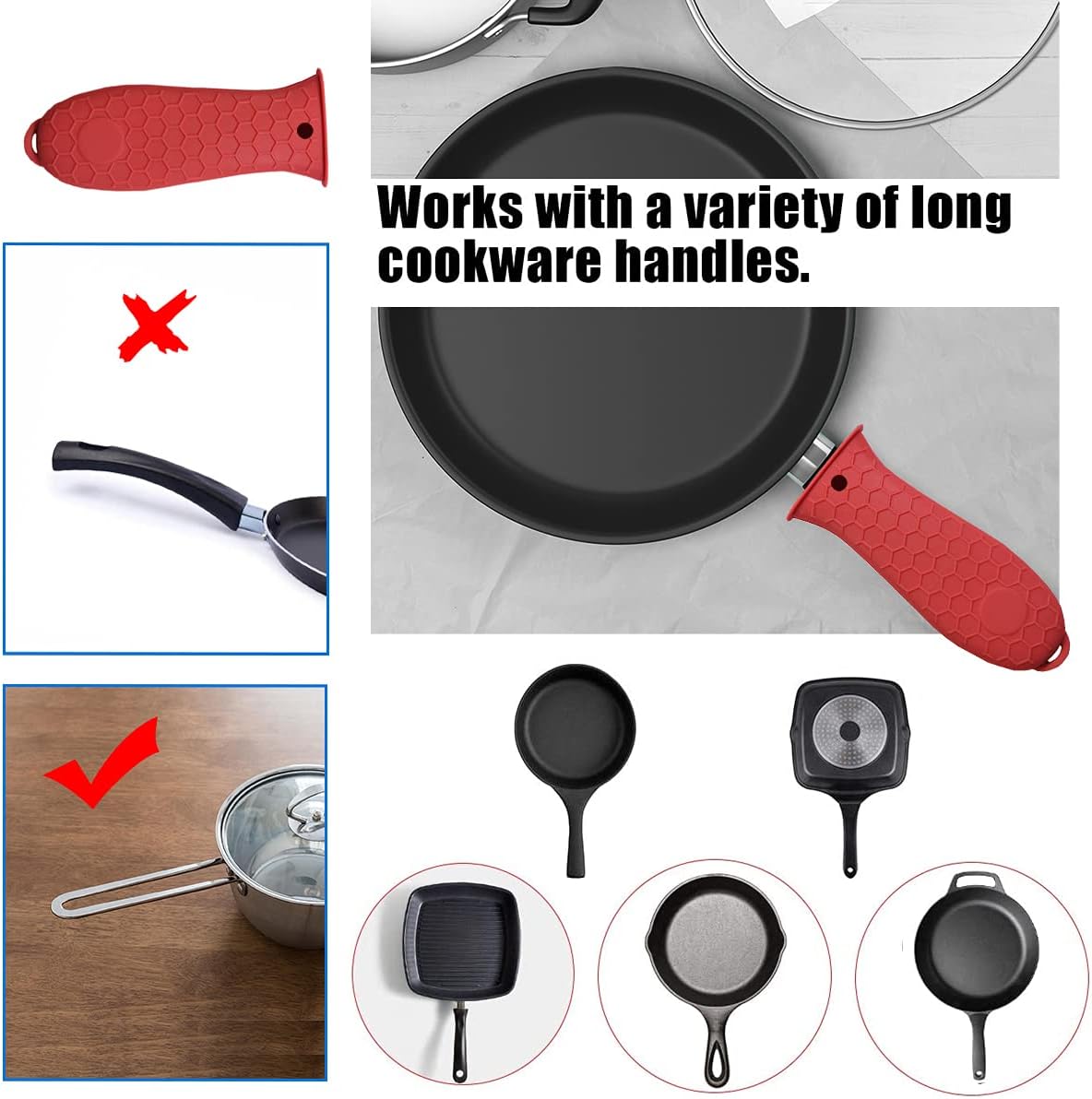 HZMM 3 Pack Silicone Hot Handle Holder, Assist Pan Handle Sleeve Pot Holders Cast Iron Skillets Handles Grip Covers Nonslip Heat Resistant for Pots Enameled Casserole Metal Frying Pans Cookware, Red