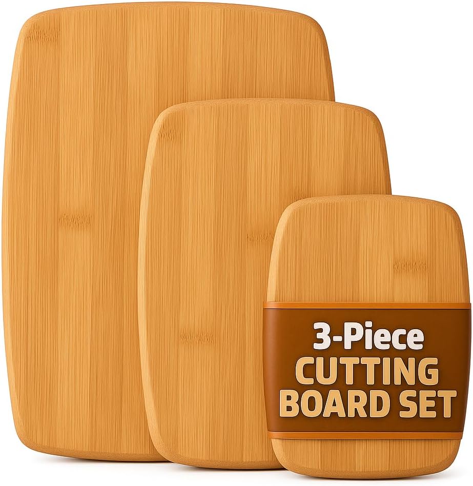 Bamboo Cutting Board Set for Kitchen - 3 Piece Reversible Wooden Cutting Boards, Wood Chopping Boards for Meat, Bread, Fruit, Cheese, Meal Prep, Wood Board and Charcuterie Serving Boards by Bambusi