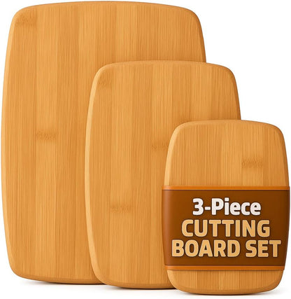 Bamboo Cutting Board Set for Kitchen - 3 Piece Reversible Wooden Cutting Boards, Wood Chopping Boards for Meat, Bread, Fruit, Cheese, Meal Prep, Wood Board and Charcuterie Serving Boards by Bambusi