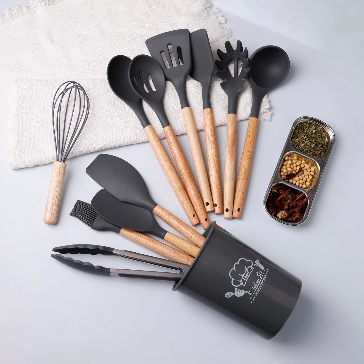 Eco-Friendly Silicone Kitchen Utensil Set, 12-Piece Nonstick Cooking Tools with Plastic Holder Stand (BPA-Free)