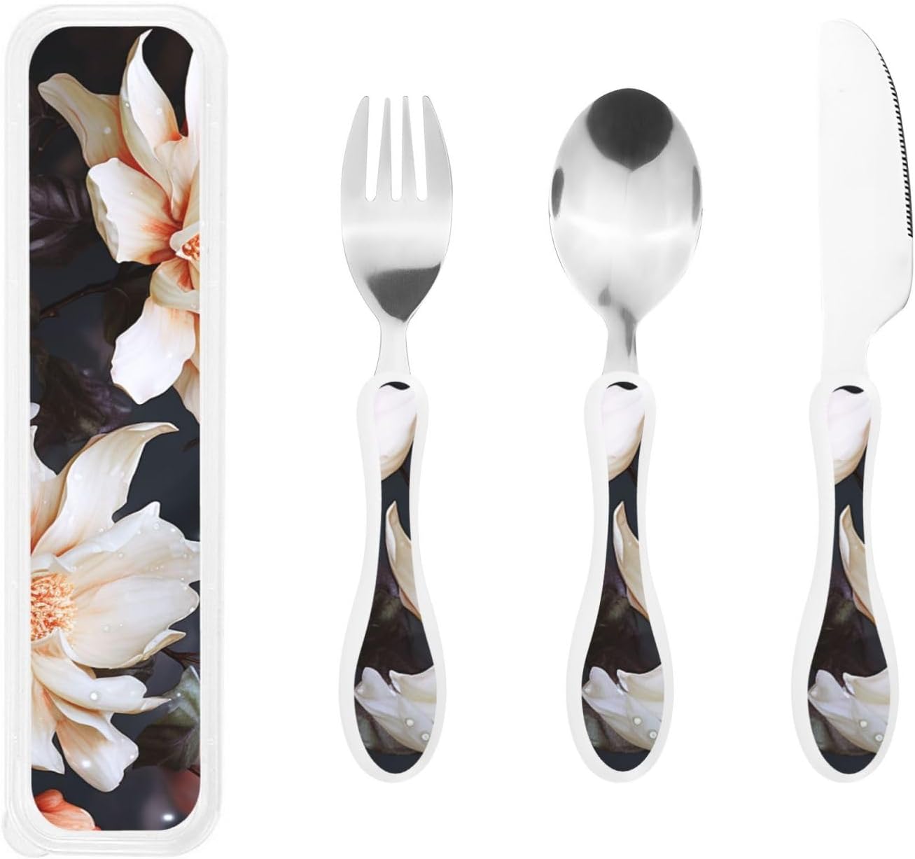 3-Piece Kids Silverware Set With Storage Case, Stainless Steel Reusable Children Safe Knife Spoon Fork Set Classy Flowers Children Flatware Set For Kids Lunch Box