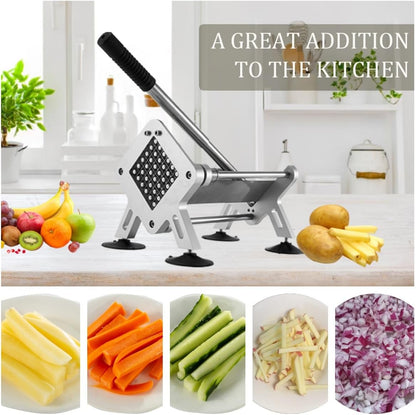 French Fry Cutter, Stainless Steel Potato Cutter with 1/2-Inch and 3/8-Inch Blades, 4 Suction Feet, Removable Handle for Potatoes, Carrots and Cucumbers
