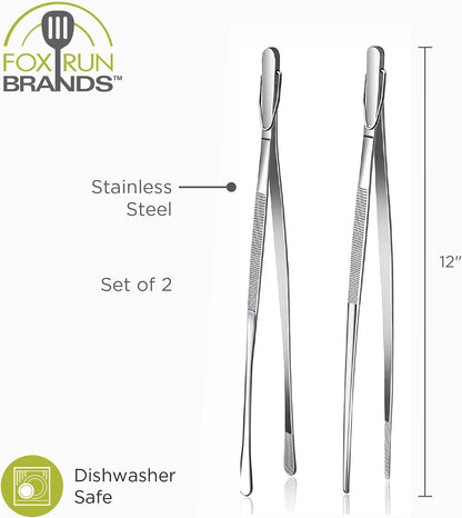 Fox Run Stainless Steel Kitchen Tweezers, Set of 2 Cooking Tweezers with Engraved Grip Pads, 12"