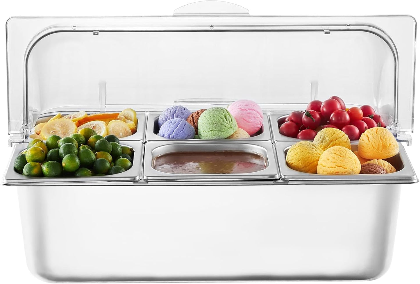 VEVOR Chilled Condiment Server Caddy, 5 Compartment Ice Cooled Serving Container, Plastic Fruit Garnish Tray Platter with Lid, for Taco Salad Bar Accessories, Party Home Restaurant Supplies