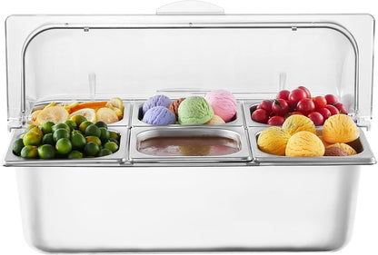 VEVOR Chilled Condiment Server Caddy, 5 Compartment Ice Cooled Serving Container, Plastic Fruit Garnish Tray Platter with Lid, for Taco Salad Bar Accessories, Party Home Restaurant Supplies