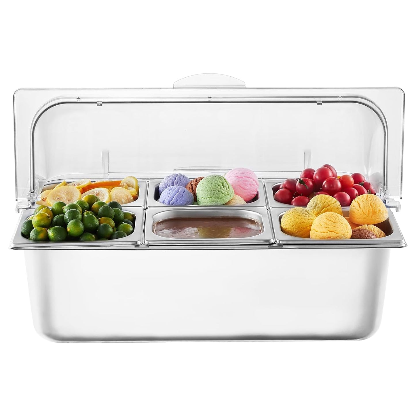VEVOR Chilled Condiment Server, 4 Compartment Ice Cooled Condiment Serving Container, Chilled Garnish Tray Bar Caddy with Lid, for Bartending & Serving Taco, Salad, Fruit, Home & Restaurant Supplies