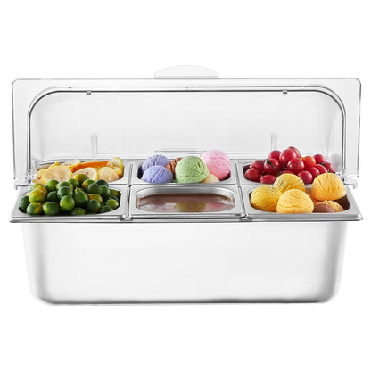 VEVOR Chilled Condiment Server, 4 Compartment Ice Cooled Condiment Serving Container, Chilled Garnish Tray Bar Caddy with Lid, for Bartending & Serving Taco, Salad, Fruit, Home & Restaurant Supplies