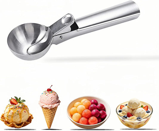 Stainless Steel Ice Cream Scoop with Trigger & Ergonomic Handle – One-Button Release for Effortless Scooping, Dishwasher Safe, Perfect for Gelato, Sorbet, Melon & Cake
