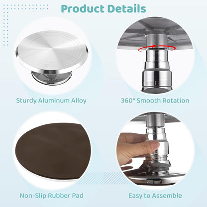 Aluminium Alloy Revolving Cake Stand Set, 12 in Cake Decorating Turntable with Piping Bag, 17 Piping Tips, 3 Plastic Scrapers, Coupler, Non Slip Rotating Platform for Baking and Decorating