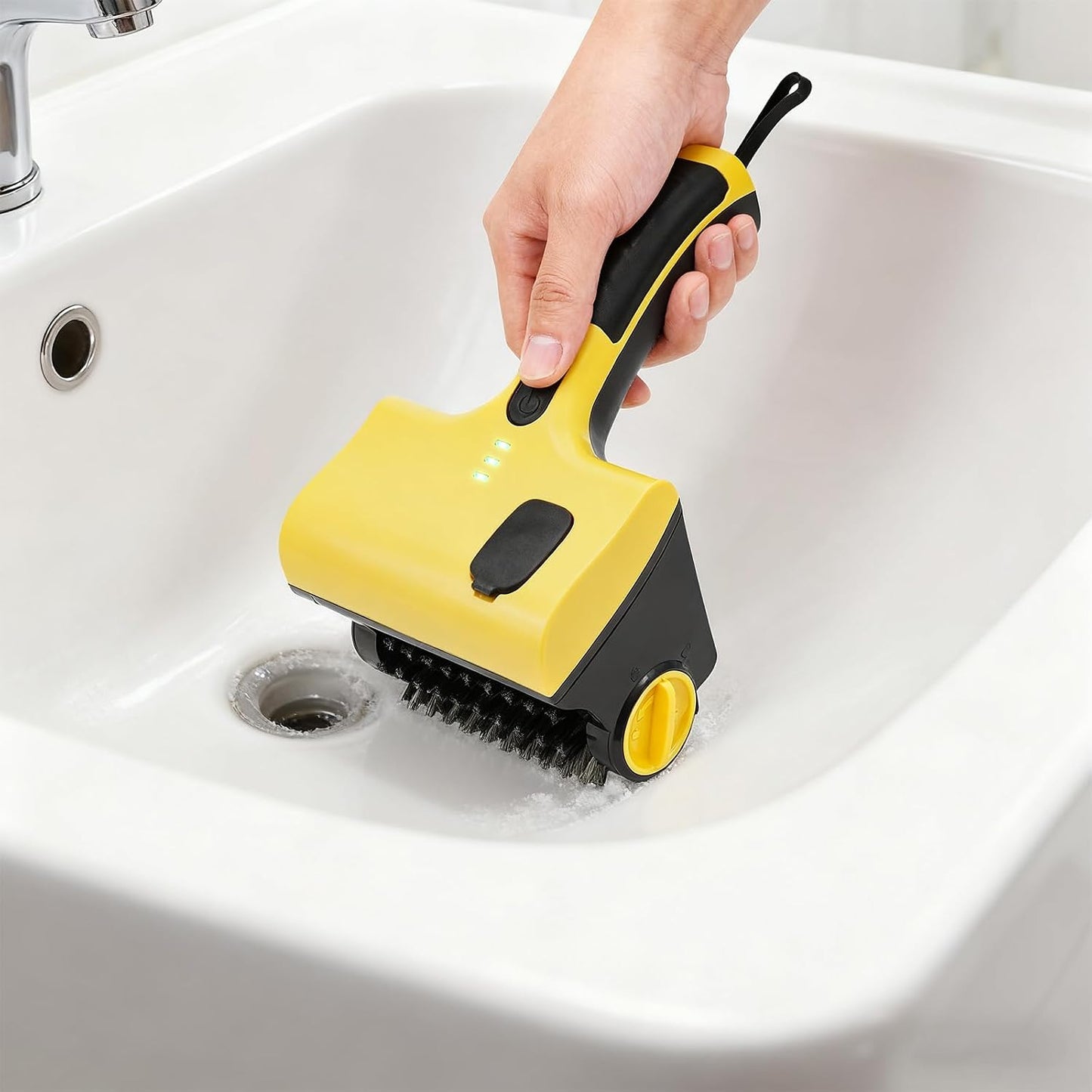 DYRABREST Cordless Electric Grill Cleaning Brush, Rechargeable Power Scrubber with 2 Brush Heads Water Spray for BBQ Grates, Bathtub, Kitchen, Stove (Yellow Black)