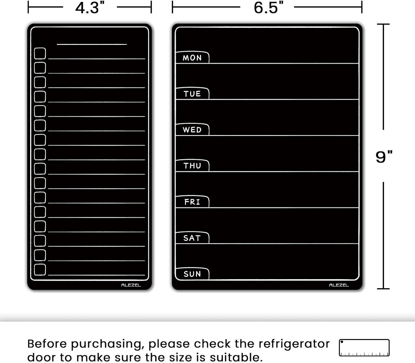 ALEZEL Magnetic Menu Board for Fridge, Weekly Calendar Blackboard Set for Refrigerator - Includes Weekly Black Dry Erase Board for Kitchen & 2 Grocery List, 3 Chalk Markers + Eraser