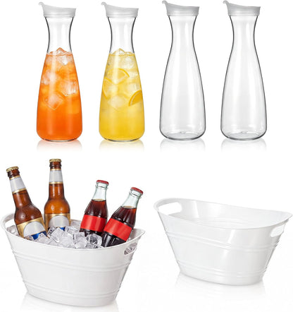 Funnymoom 6 Pcs Acrylic Ice Bucket for Parties 4l Oval Beverage Tub 47 oz Plastic Water Carafes with Lids Plastic Pitcher for Champagne Beer Wine Cocktail Iced Tea Pool Party(Clear)