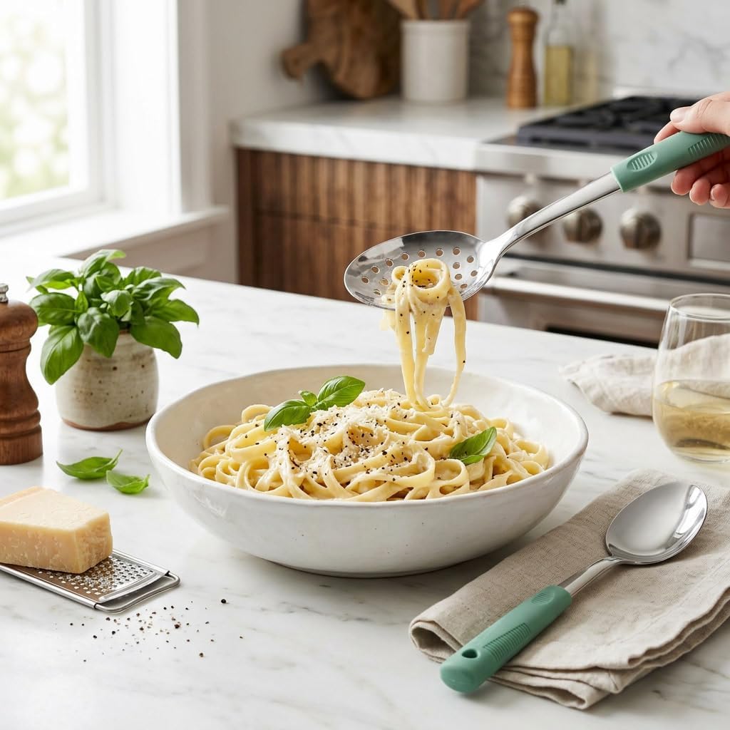 2-Piece Serving Spoons, 11-Inch, Solid & Slotted, Platinum Silicone